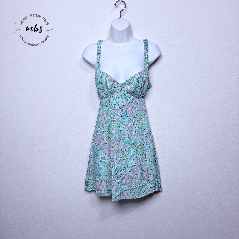 NWT Sky‎ To Moon Paisley Ruched Mini Sweetheart Mini Dress Green Women M